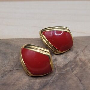 Vtg MONET Signed Red Enamel Gold Tone Earrings